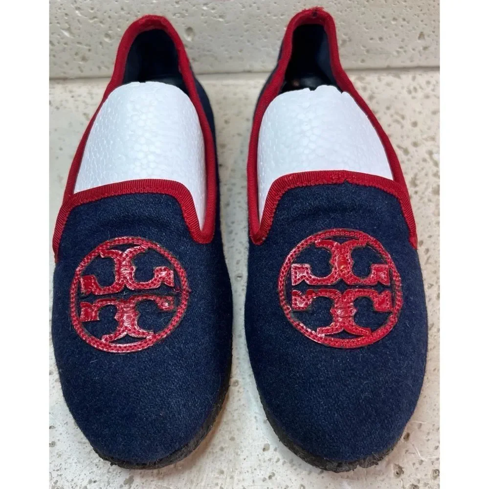 TORY BURCH Navy Blue Billy Logo Wool felt slippers Slip on Loafers Women's Sz 5